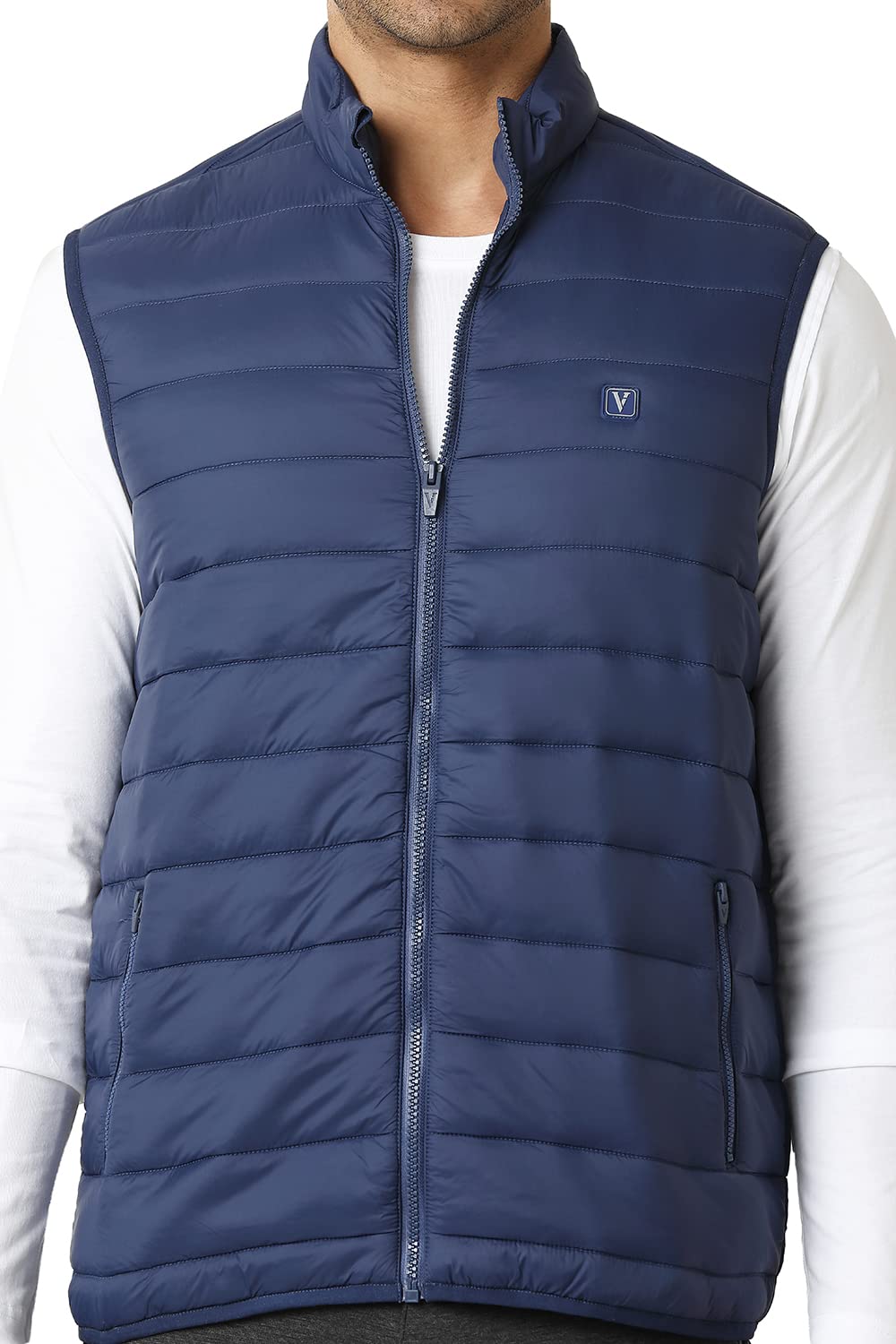 Van Heusen Athleisure Men Woven Jacket - 100% Nylon - Extra Warm, High Neck, Zip Front, Sleeveless_80005_Navy_L