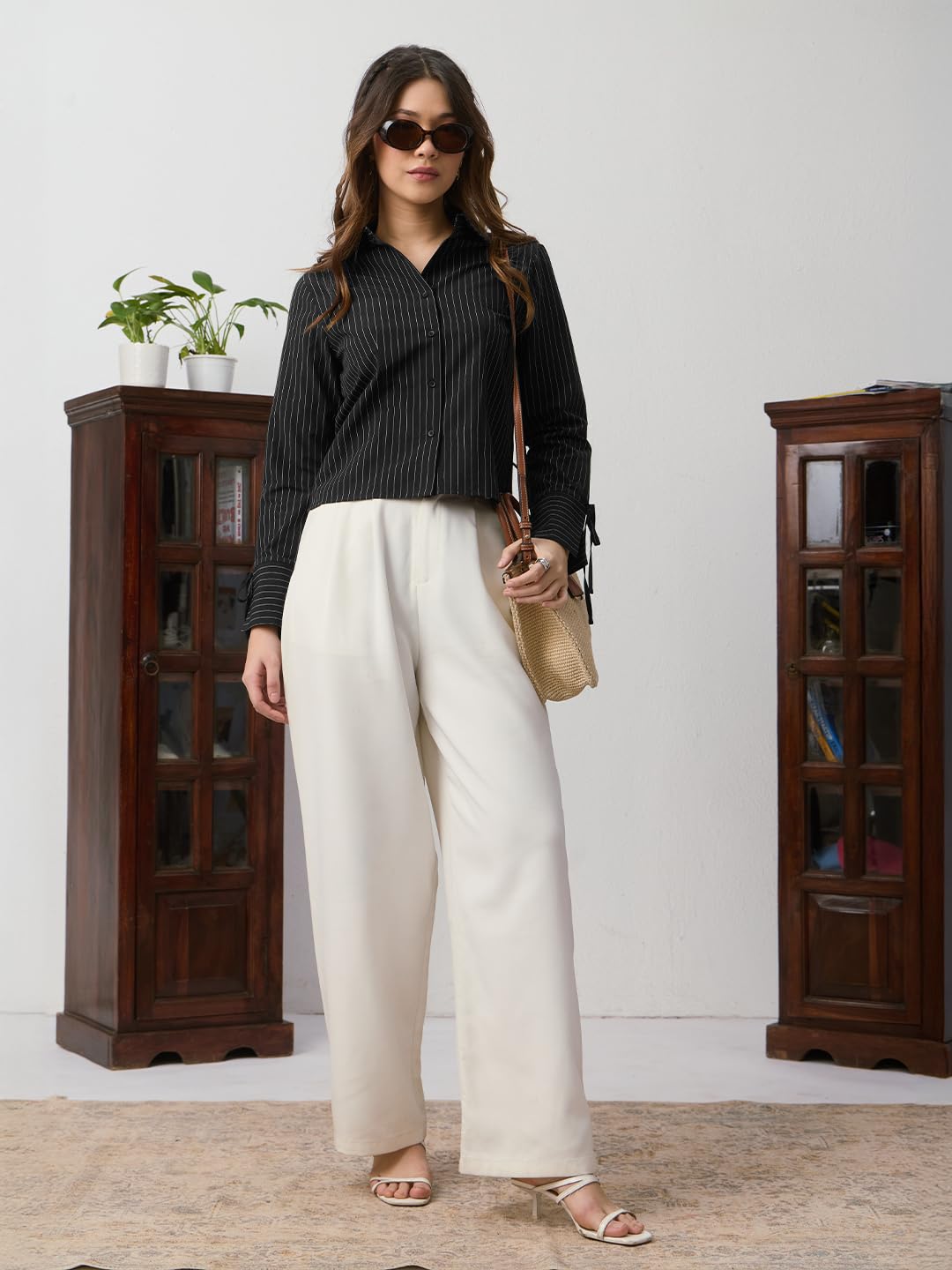The Souled Store Stripe Shirt: Bristol Women and Girls Full Length Regular Sleeves Spread Collar Black White Striped Cotton Poly Blend Regular Fit Everyday Casual Shirt