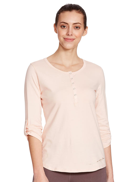 Enamor Essentials Women's Slim Fit Henley Neck 3/4th Sleeves Cotton Tee with Snap Button Placket Front & Sleeve Tab - E129(E129-Pink Pearl W/Energy-L)