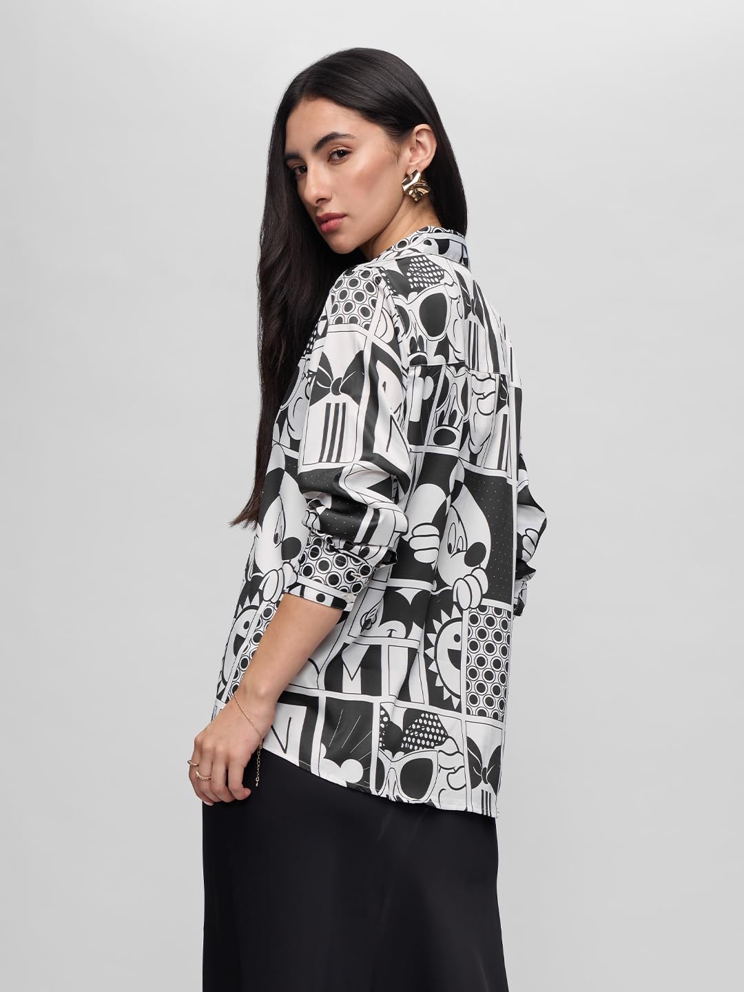 The Souled Store Official Mickey Mouse: Checkered Charm Women and Girls Long Sleeve Collared Neck All Over Print Button Front Regular Fit Shirts Multicolour