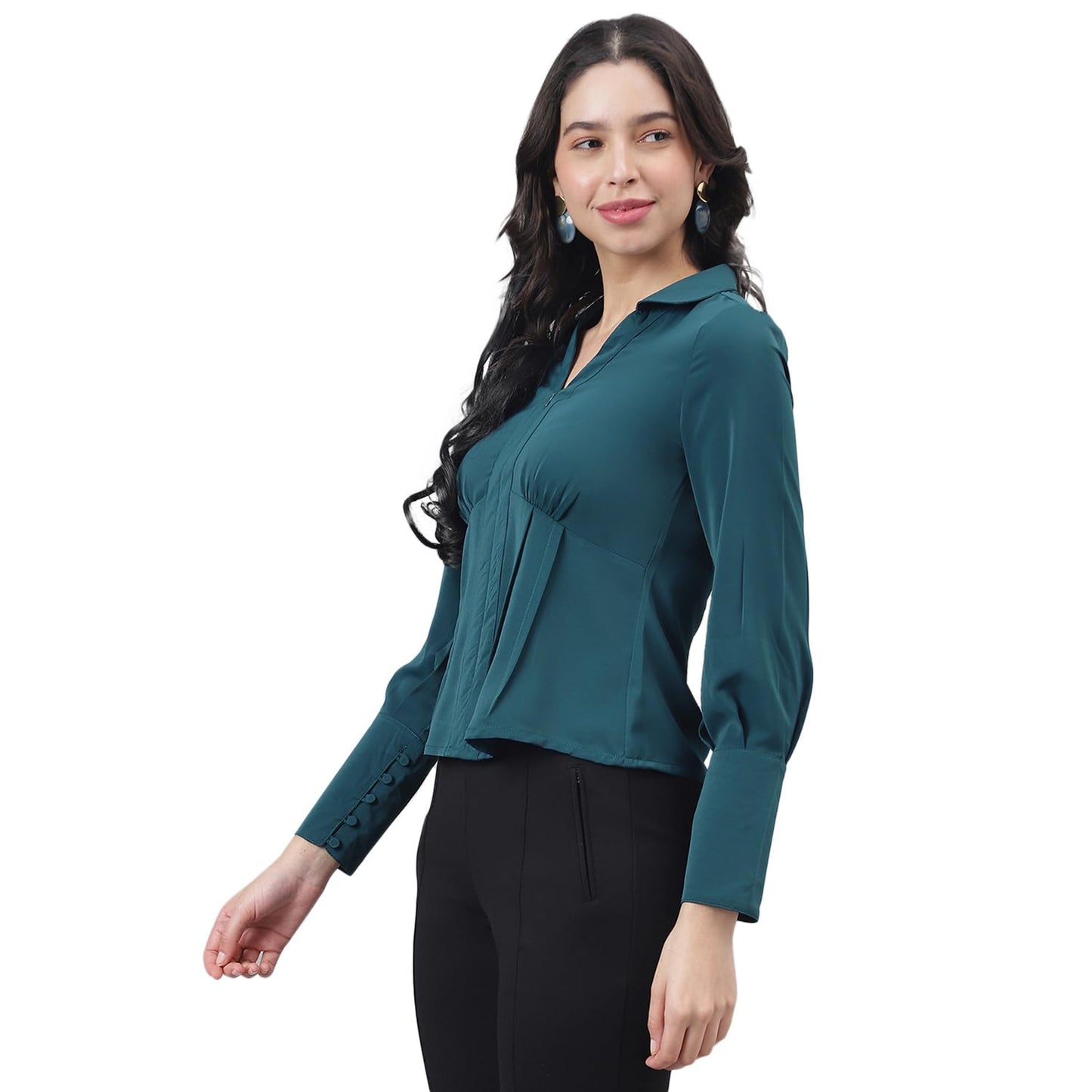Latin Quarters Women Teal Half Sleeve Shirt Collar Solid Top_L