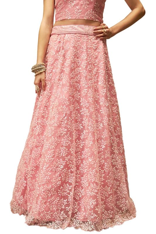 Soch Womens Pink Net All-Over Sequin Embellished Unstitched Lehenga Set with Belt