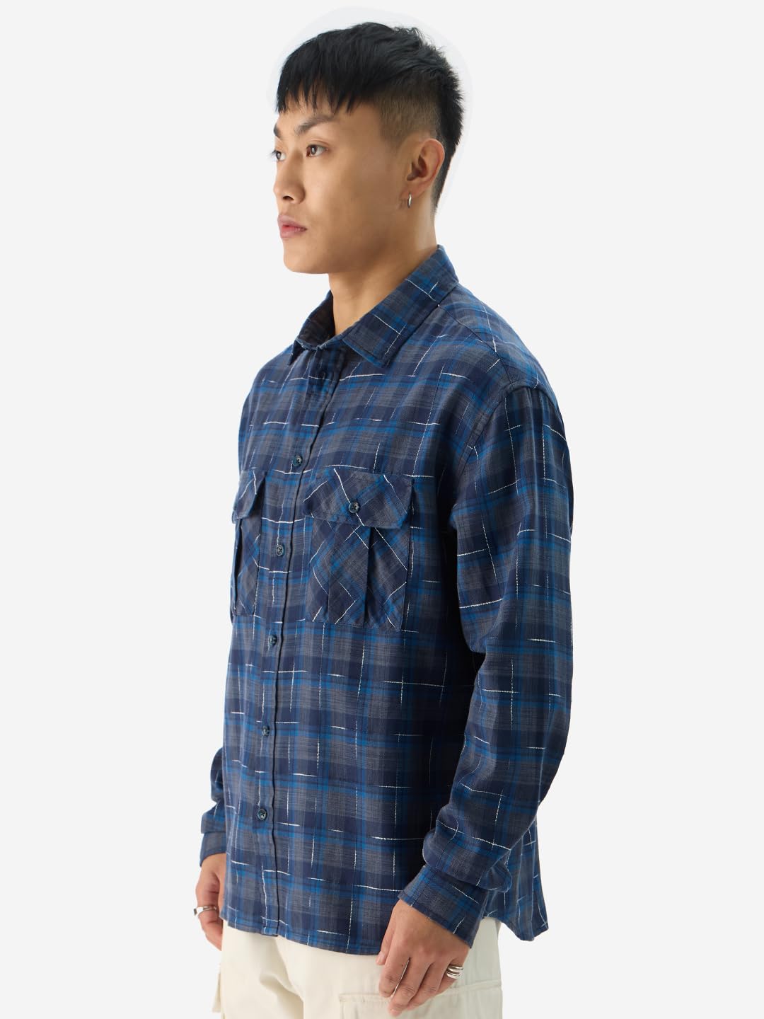 The Souled Store Plaid: Indigo Wave Men and Boys Long Sleeve Collared Neck Button Down Regular Fit Cotton Utility Shirts