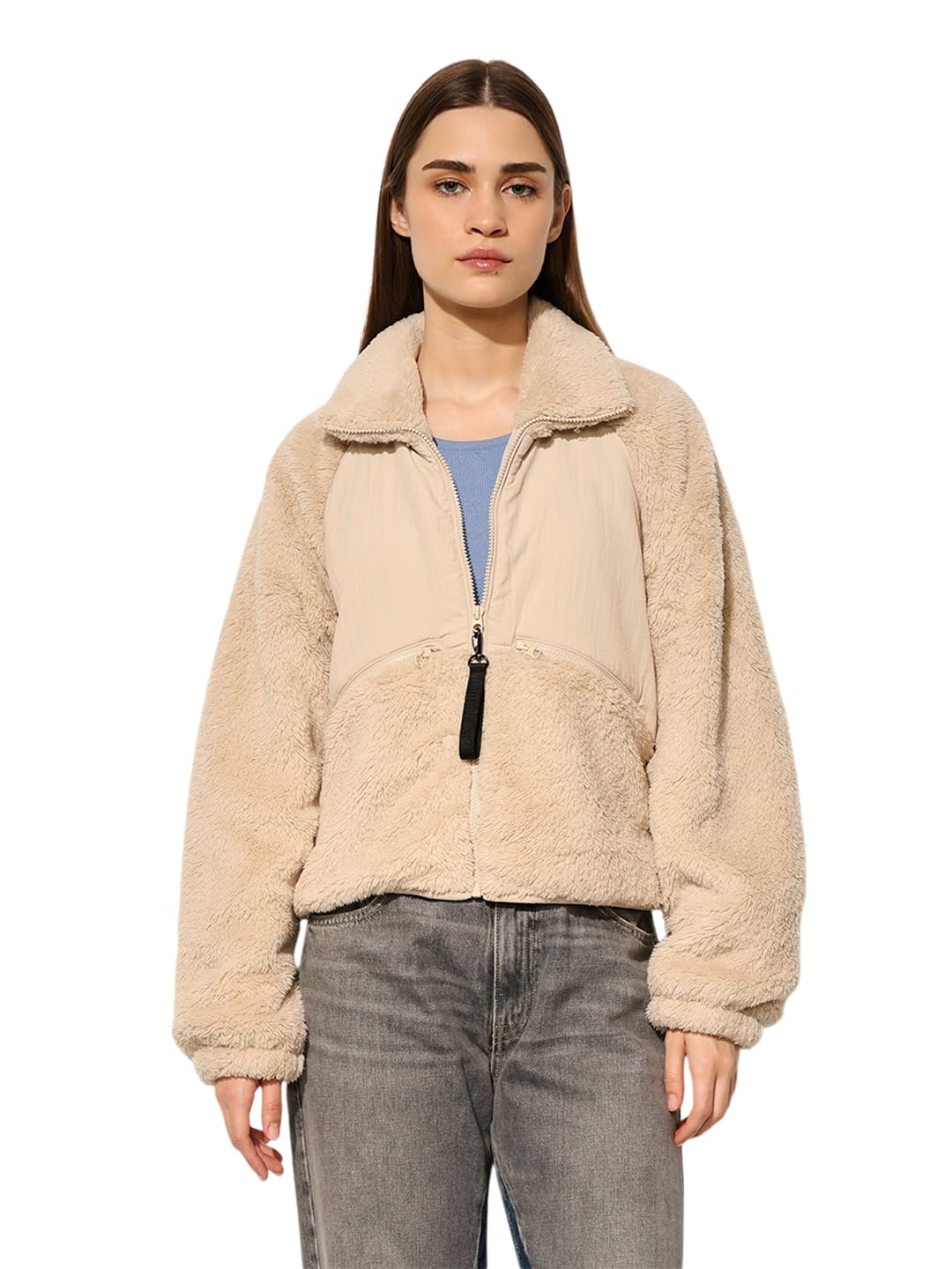 ONLY Women's Solid Loose Fit Beige Jacket