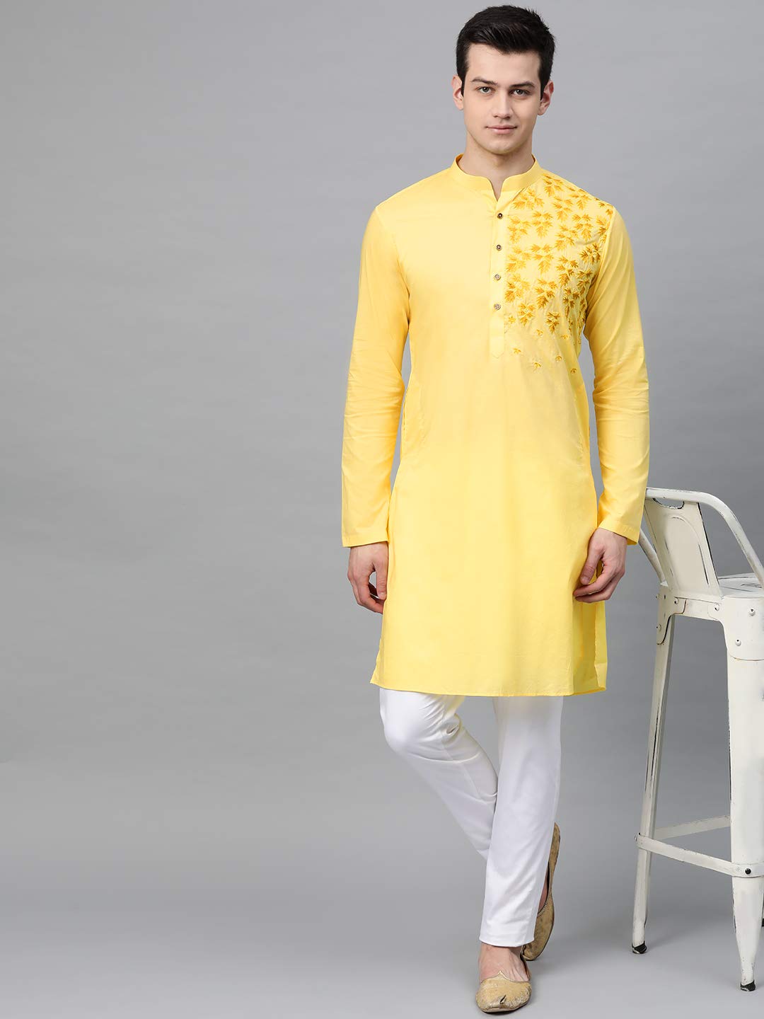 See Designs Yellow Cotton Regular Fit Embroidered Kurta_SDMDWKT822S