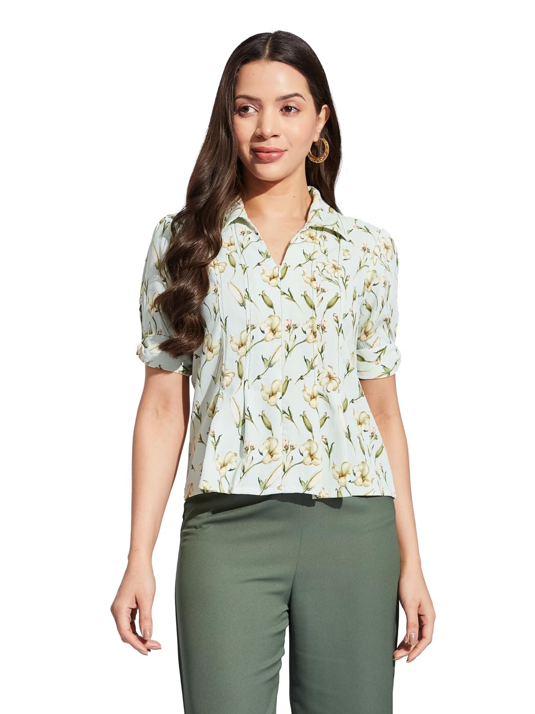 Latin Quarters Women Green Collared Half Sleeves Printed Shirt Blouse for Casual Wear_M