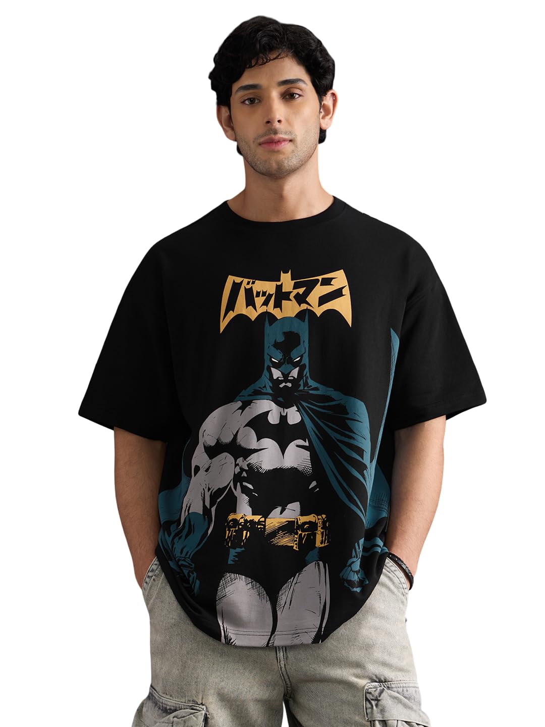 The Souled Store Batman: Manga Men and Boys Short Sleeves Round Neck Black Graphic Printed Breathable Drop Shoulder Casual Streetwear Oversized T-Shirt
