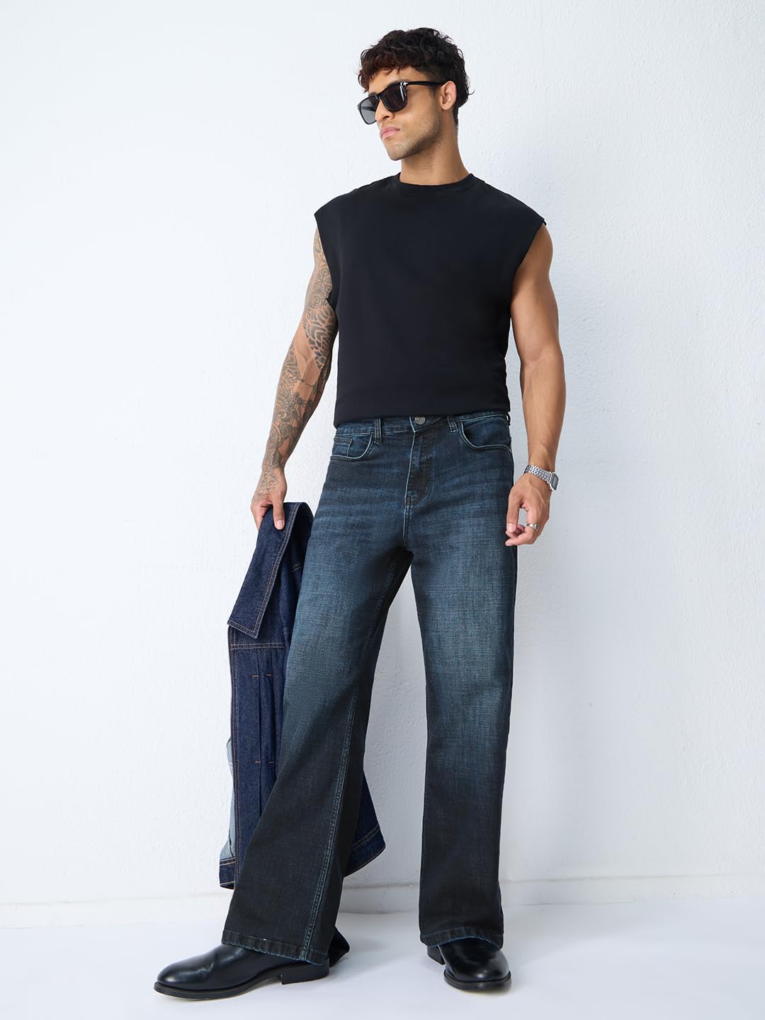 The Souled Store Bootcut Denim: Indigo Blue Men and Boys Zip Fly Indigo Blue Vintage Fade Washed Cotton Blend Bootcut Fit Lightweight Everyday All-Season Comfort Stretch Denim Jeans