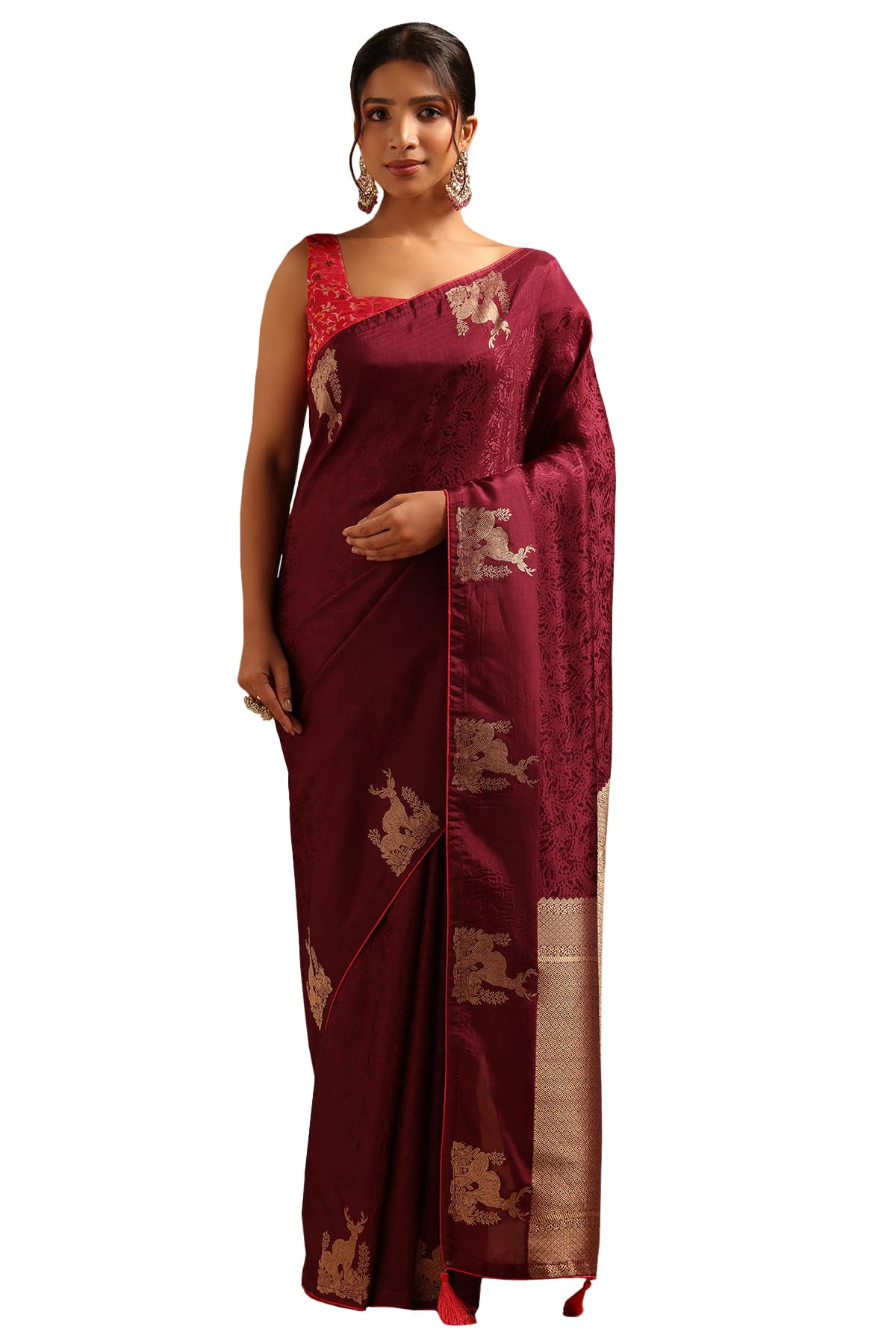 Soch Womens Wine Dola Silk Botanical Zari Woven Saree