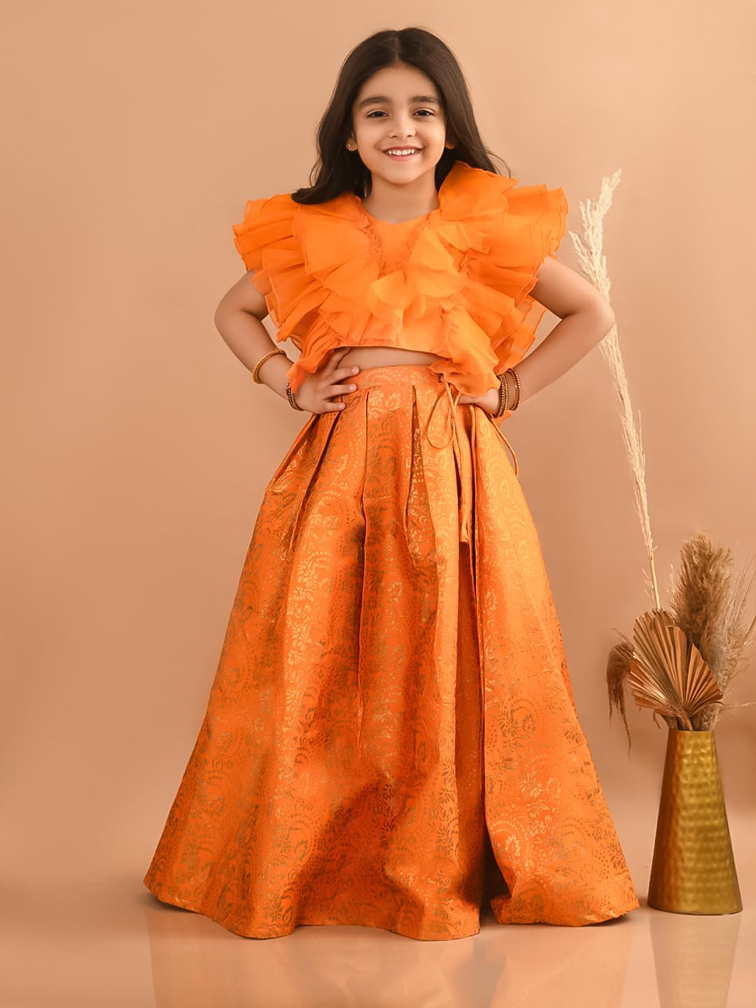 LILPICKS Ruffle Sleeveless Blouse with Brocade Flared Lehenga Set for Girls (Orange) (4-5Y)