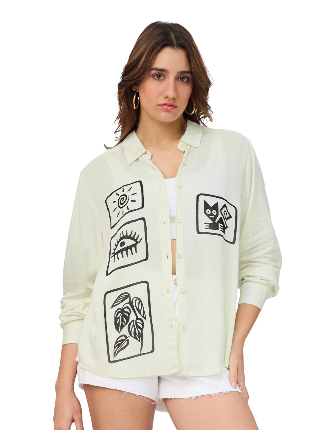 The Souled Store Originals: Minimalistic Women and Girls Long Sleeves Collared Neck Button Front Printed Regular Fit Cotton Shirt