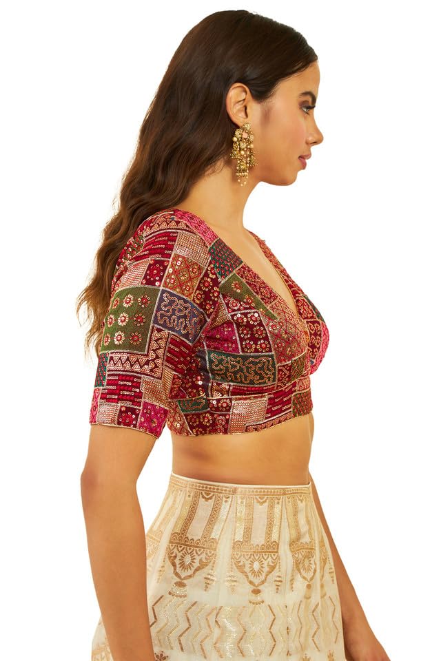 Soch Womens Maroon Tussar Sequin Embroidered V-Neck Back-Open Blouse