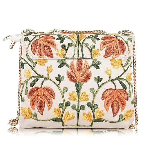 VELUCIA Womens Floral Embroidered Sling Bag With Chain Strap (Cream)