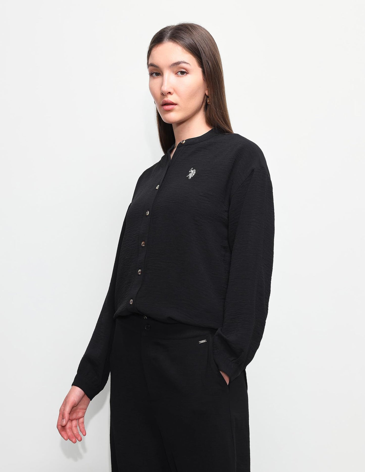 U.S. Polo Assn. Women Women's Solid Relaxed Fit Mandarin Shirt (UWSS26SHT334_Black_S)