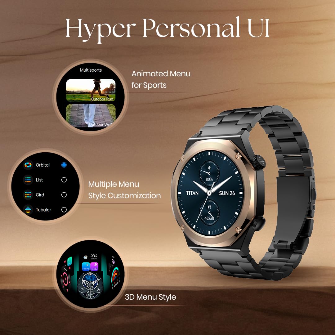 Titan Maestro 1.47" Zero Lag AMOLED Smart Watch for Man with SS316L Stainless Steel, BT Calling, 60Hz Refresh Rate, Health Tracking,10 Days Battery,Water & Dust Resistant, Extra Silicon Strap (Black)