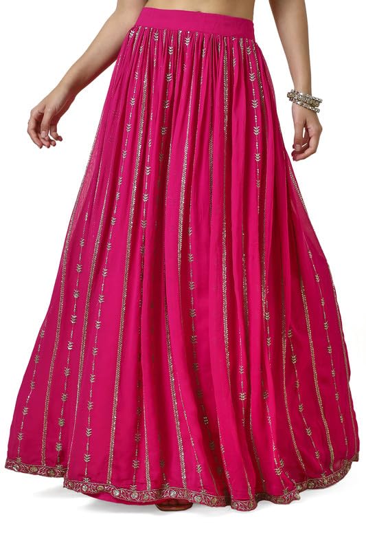 Soch Womens Fuchsia Georgette Embroidered Leaf Neck Padded Lehenga Choli