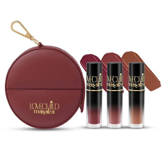 LoveChild Masaba Pocket Liquid Lipstick, Pack of 3 Transfer-Proof, Hydrating Matte Shades with Free Pouch, Hyaluronic Acid, Jojoba Oil & Vitamin E for Long-Lasting, Nourished Lips, Combo 2, 5.4ml