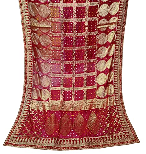 Navti Creations Women Wedding Bridal Red Dupatta In Banarasi Silk With Sada Saubhagyawati Bhaw Embroidery Border (2.25M) & 4 Side Moti Lace