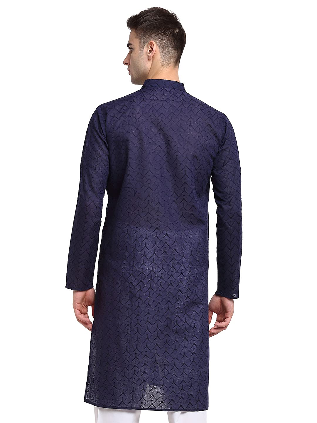 Jompers Men Navy Blue & White Self Design Kurta (Navy, M)
