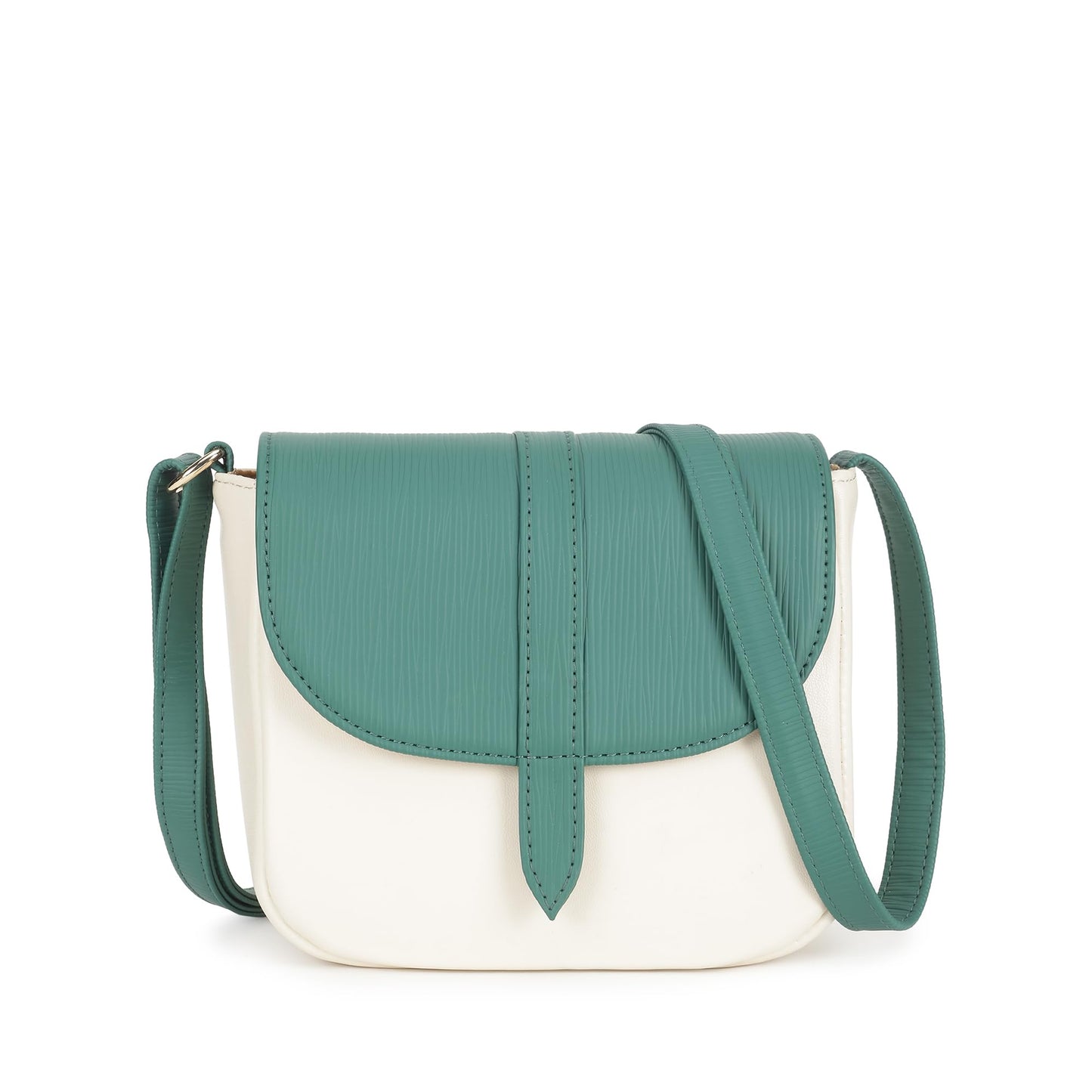 Fastrack RufflePlay green Sling | Faux-Leather Women’s Handbag | Textured Flap Sling with Button Closure & Adjustable Strap