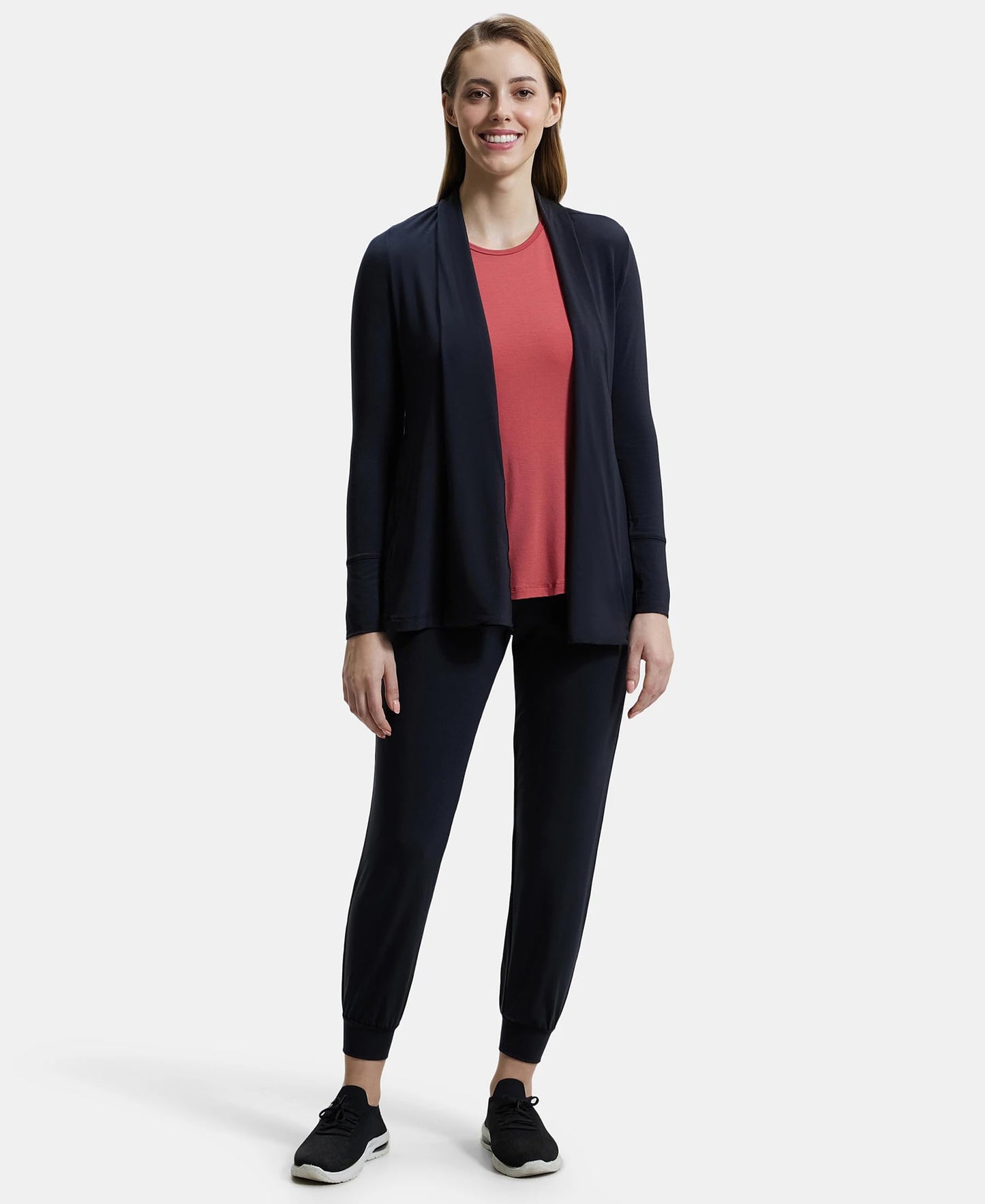 Jockey JW53 Women's Tencel Lyocell Elastane Stretch Relaxed fit Full Sleeve Shrug with Front Closure Buttons_Black_L