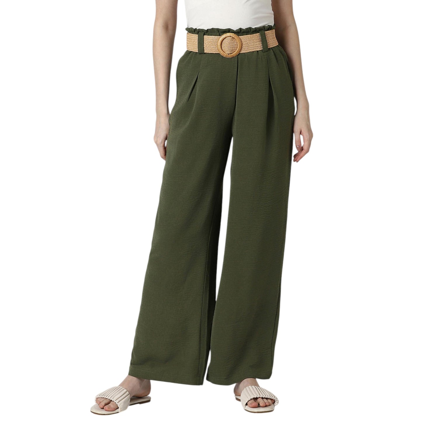 Women Olive Solid Casual Trousers