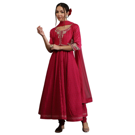 BIBA Women's Silk Chanderi Kurta Sets (CKD10745AW24FUS_Pink
