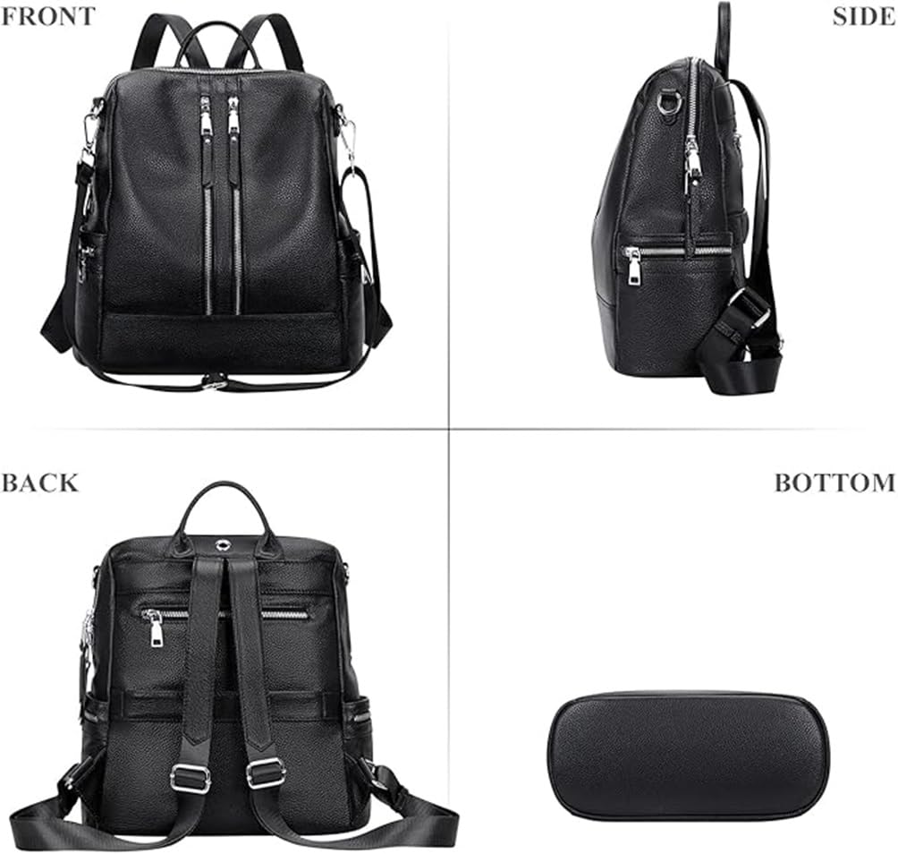 Comfabie Fashion Leather Backpack Purse, Convertible Shoulder Bag, Multi-compartment Design (Black)