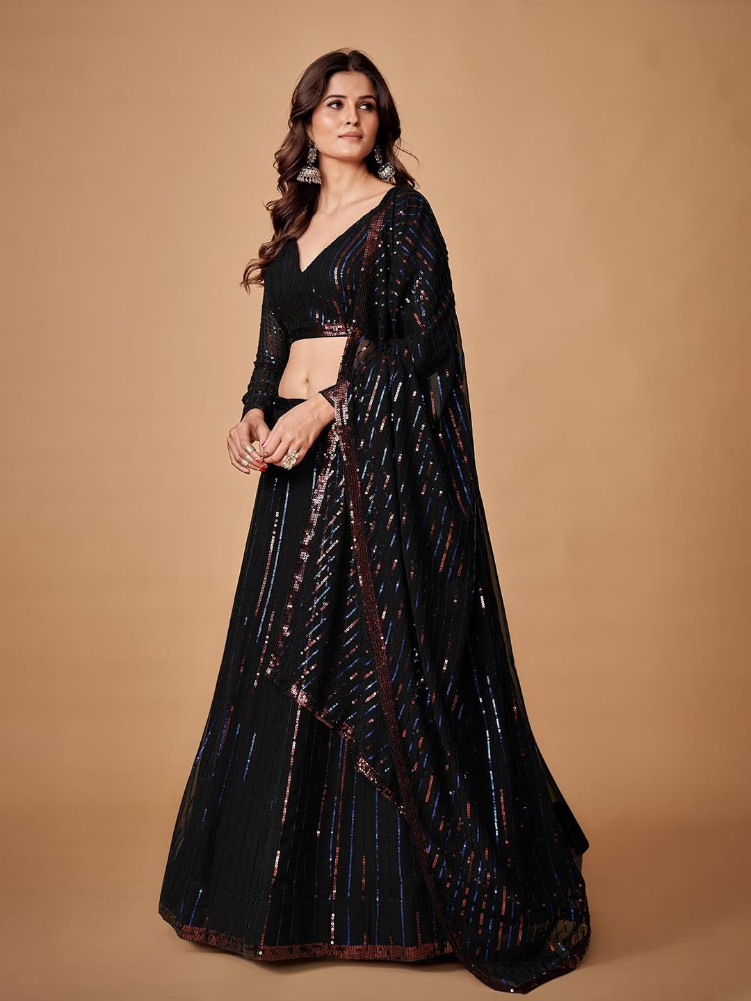 Zeel Clothing Sequins Embroidered Georgette New Semi-Stitched Lehenga Choli For Women (5107-Black-Stylish-Wedding--New; Free Size)