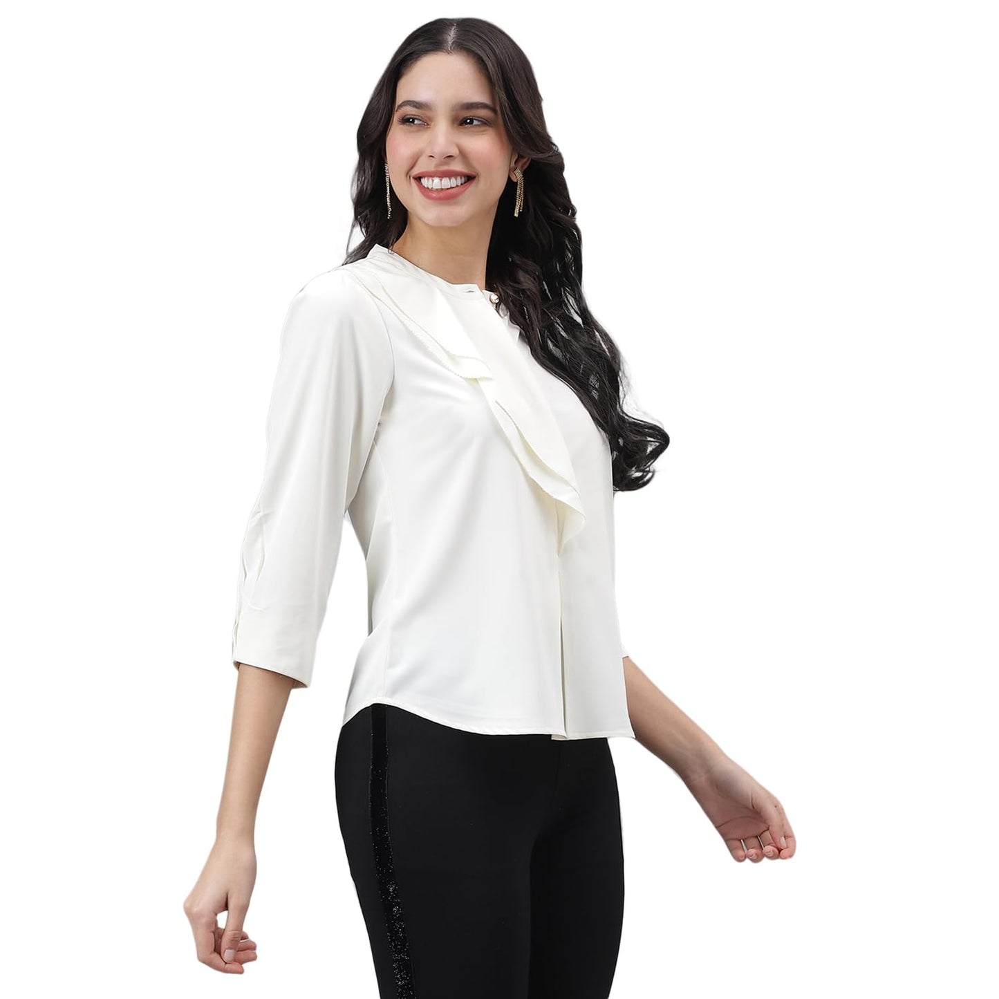 Latin Quarters Women Ivory 3/4 Sleeve Mandarin Collar Solid Top_XXL