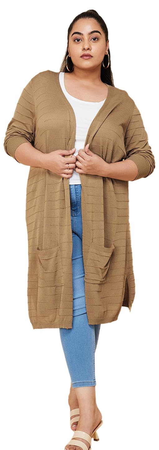 Max Women Plus Size Solid Open-Front Longline Shrug (SHRUG3201P_Beige)