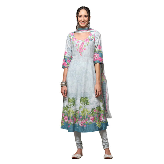 BIBA Women's Powder Blue Cotton Anarkali Kurta Churidar Suit Set_36