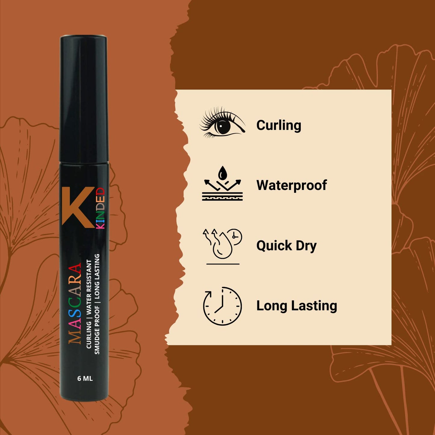 KINDED Curling Mascara Waterproof Long Lasting Smudgeproof Lengthening Volumizing Ultra Max Curl Intense Black Volume Sensational False Lash Effect for Girls Women Eye Makeup (6 ml, Black)