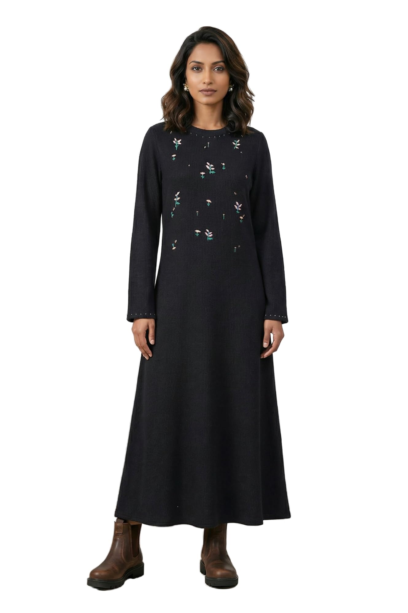 W for Woman Black Yarn Dyed Embroidered Rayon Blend A-line Winter Dress - (W13321-224580-XL)
