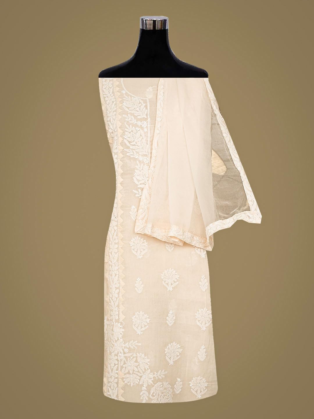 Ada Hand Embroidered Lucknowi Chikankari Unstitched Cotton Dress Material Suit Piece with Dupatta for Women 01A871559 Peach