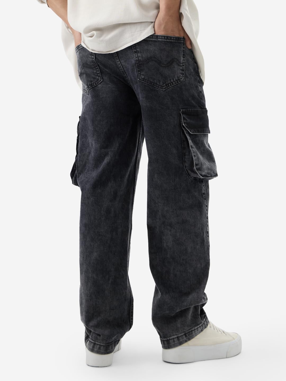 The Souled Store Solids: Stone Grey Men and Boys Buttoned Straight Fit Cargo Jeans