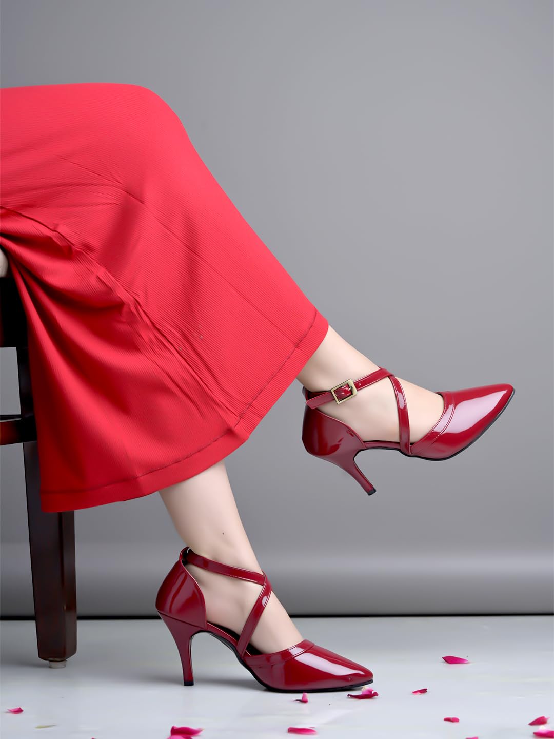 Shoetopia Women's Cherry Leather Heels Cross Strap Closed Toe Pumps with Buckle || Stylish High Heel Perfect for Office, Weddings, Cocktail Parties & Formal Events EU39