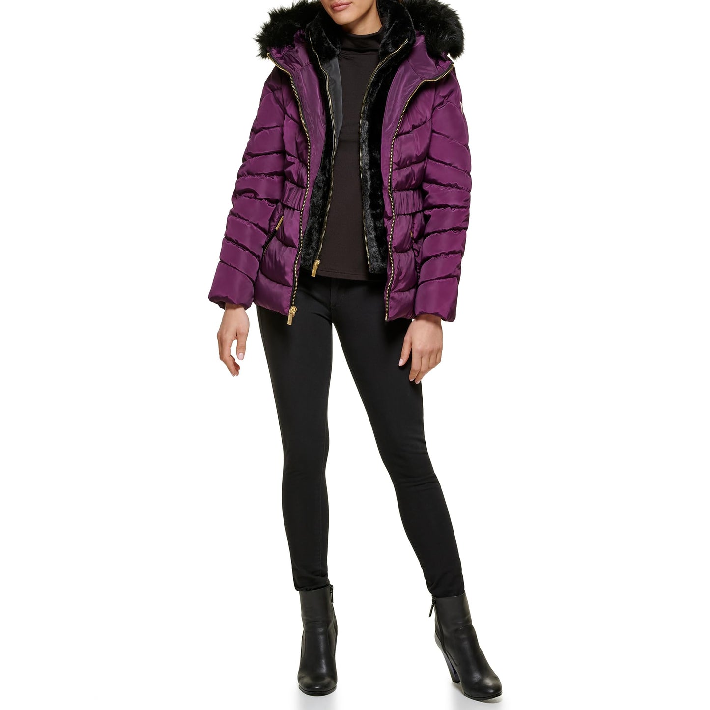 GUESS Women's Puffer Hooded Cold Weather Coat, Fur Lined Eggplant, M