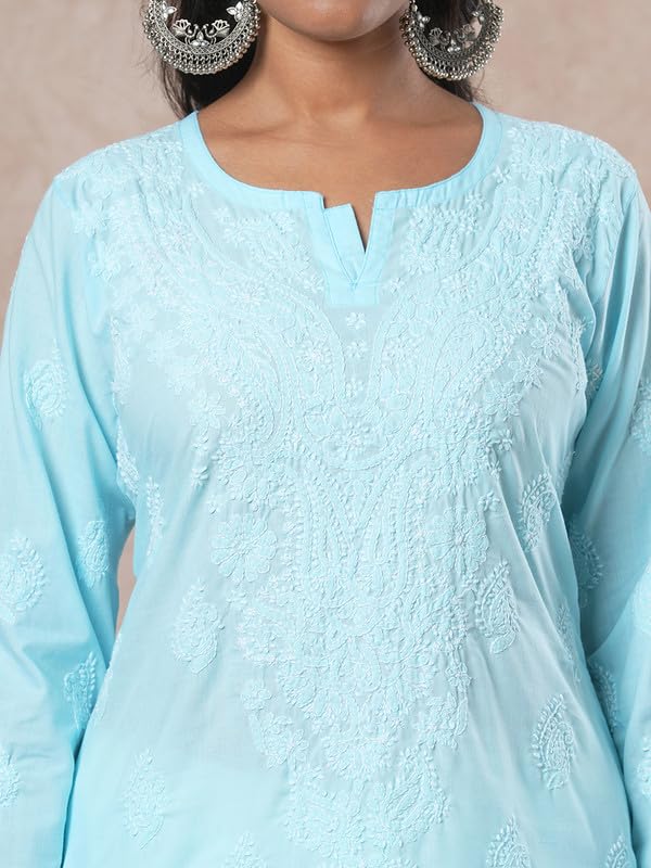 Ada Hand Embroidered Lucknowi Chikankari Cotton Kurta Kurti for Women A411688 Blue (4XL)
