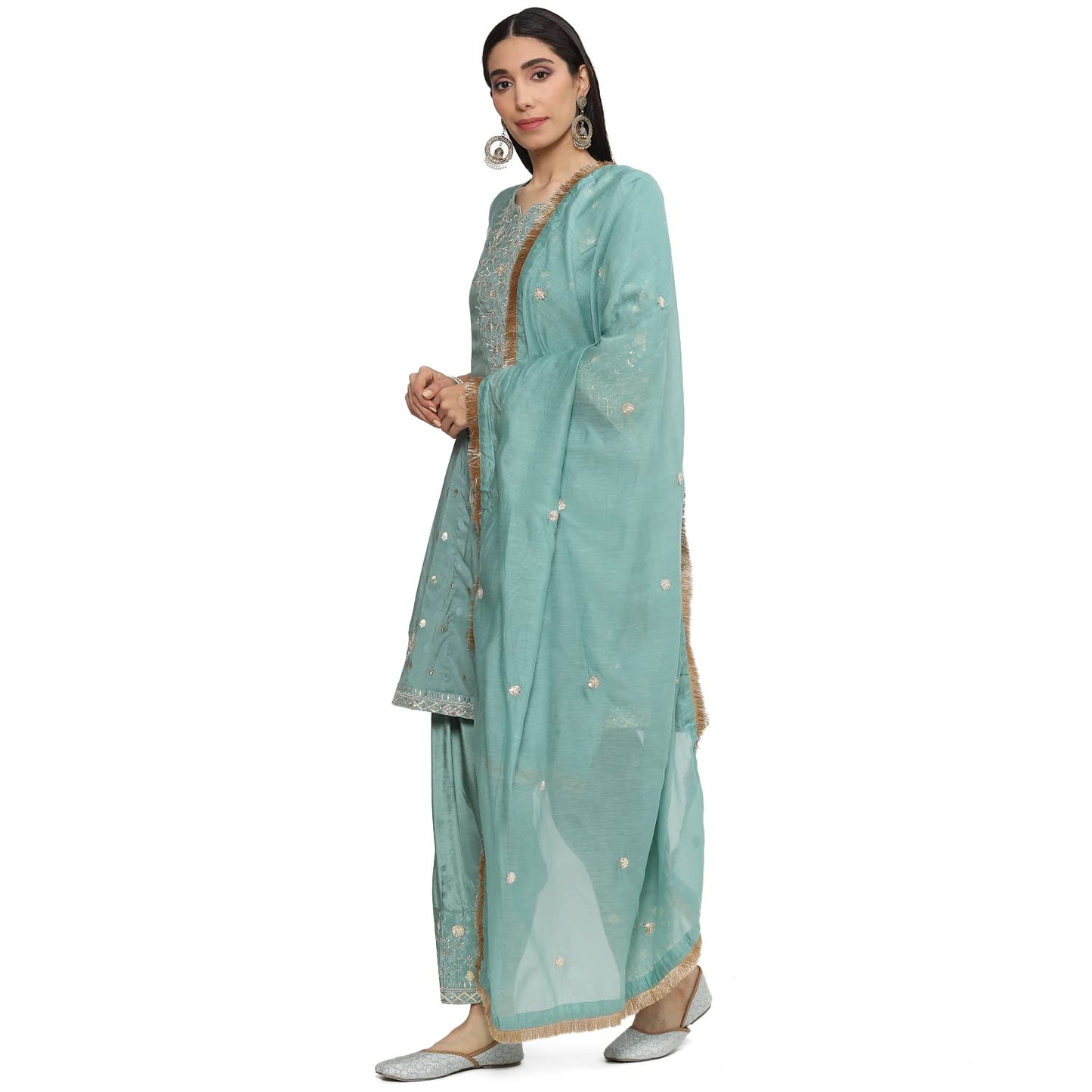BIBA WOMEN EMBROIDERY RELAXED SALWAR KURTA DUPATTA(SKDKIRAN8469_SAP GREEN_40)