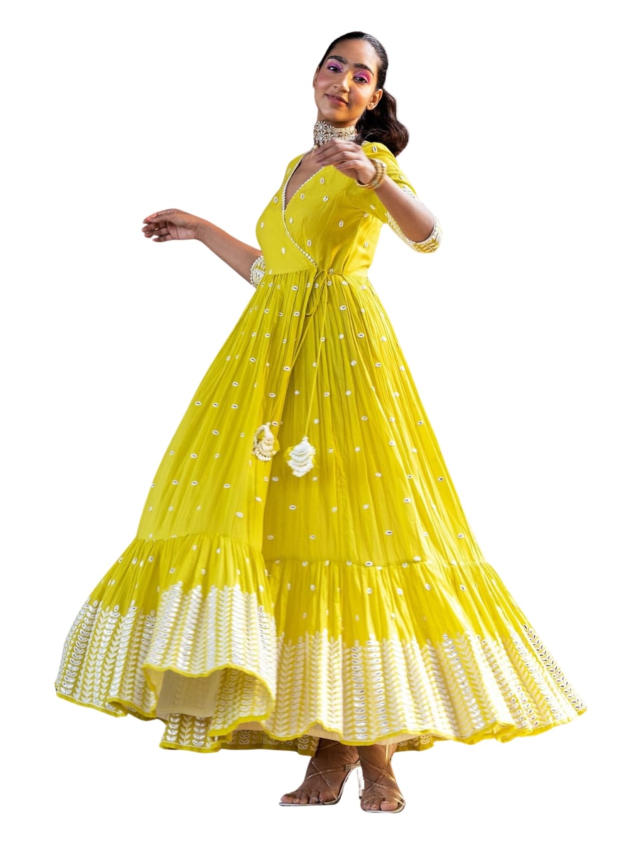 Radiant Yellow Angrakha Anarkali in Pure Cotton with Intricate Thread and Mirror Embroidery