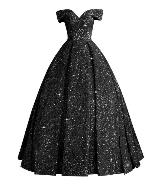 Homdor Women's Off Shoulder Sequin Prom Floor Length Dresses for Teens Plus Size Ball Gown Sparkly Quinceanera Dresses Formal Evening Gowns, Black, 18