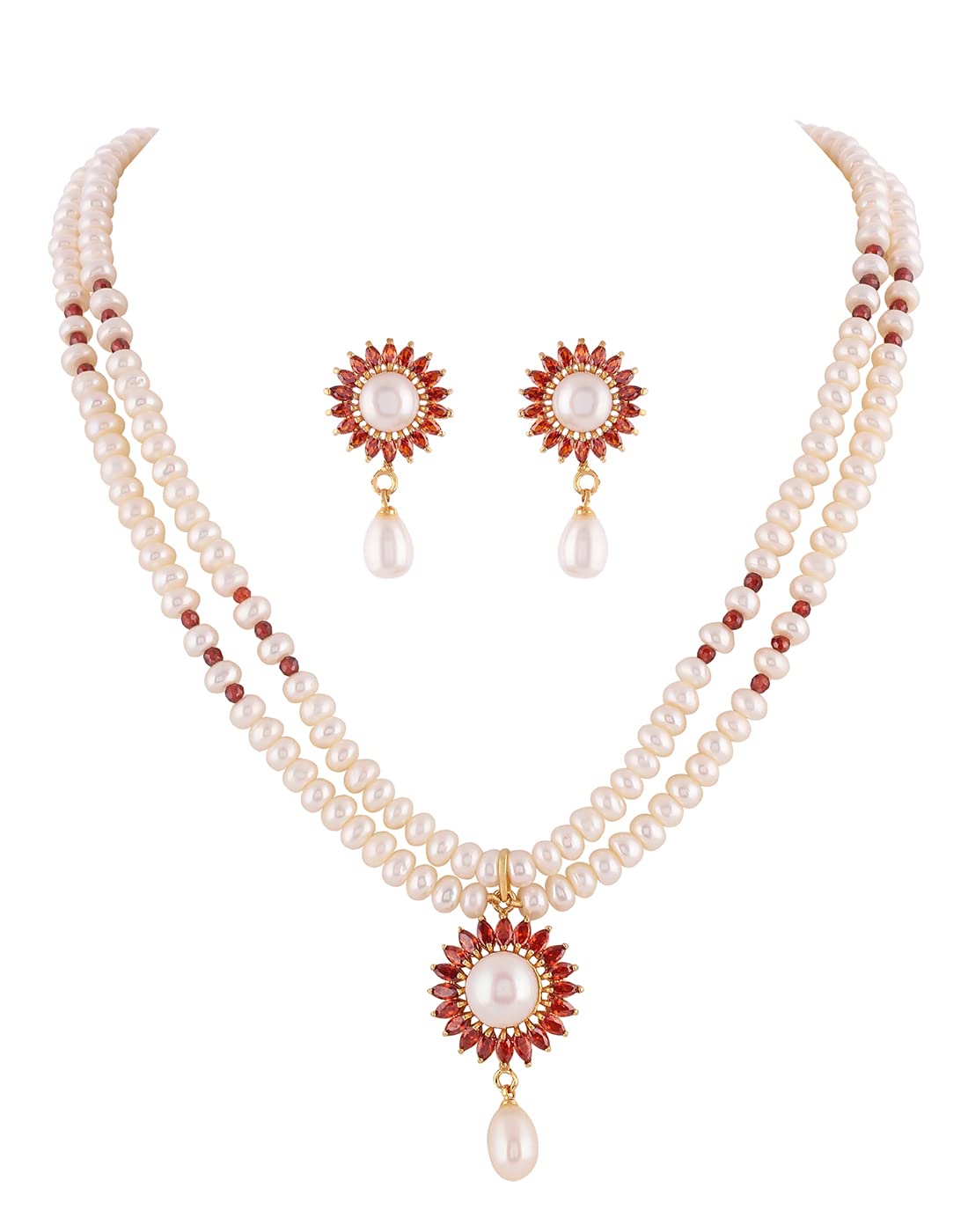 HYDERABAD JEWELS REAL NATURAL FRESH WATER DOUBLE LINE PEARLS SET FROM HYDERABAD FOR WOMEN (GARNET)
