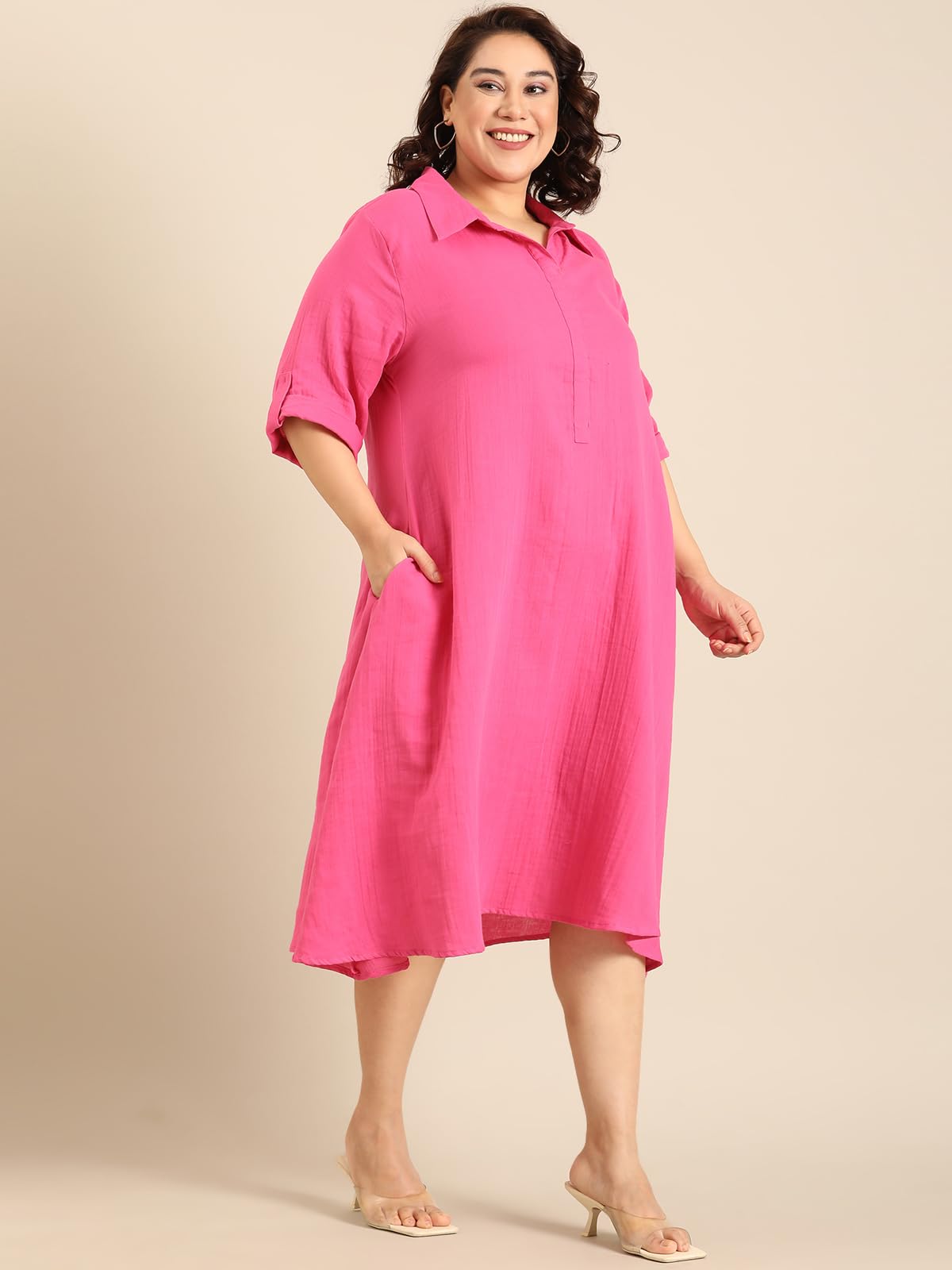 the PINK MOON Women's Plus Pink A-Line Shirt Dress (DRS CH PNKDC 2XL)