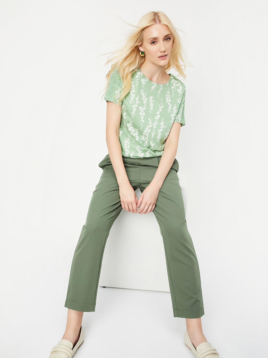Max Women's Cotton Floral Printed Regular Fit T-Shirt (ATLAS1BSAGE)_XL,Green
