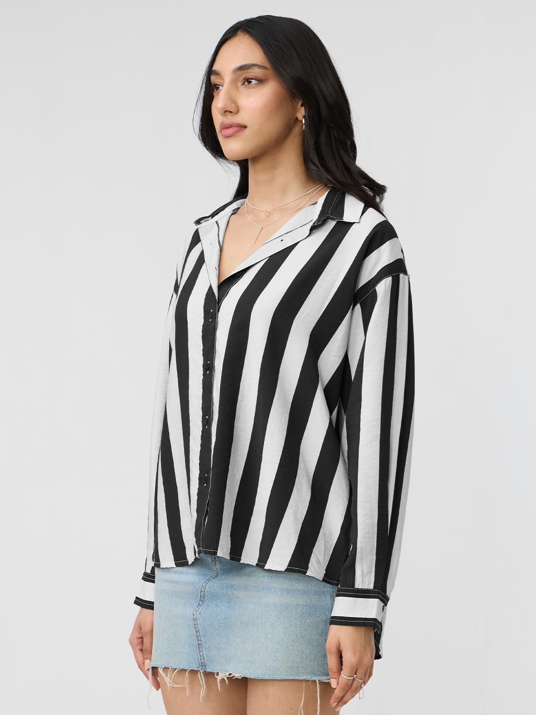 The Souled Store Stripe Shirt: Black, White Women and Girls Long Sleeves Collared Neck Button Front Viscose Blend Boyfriend Shirts