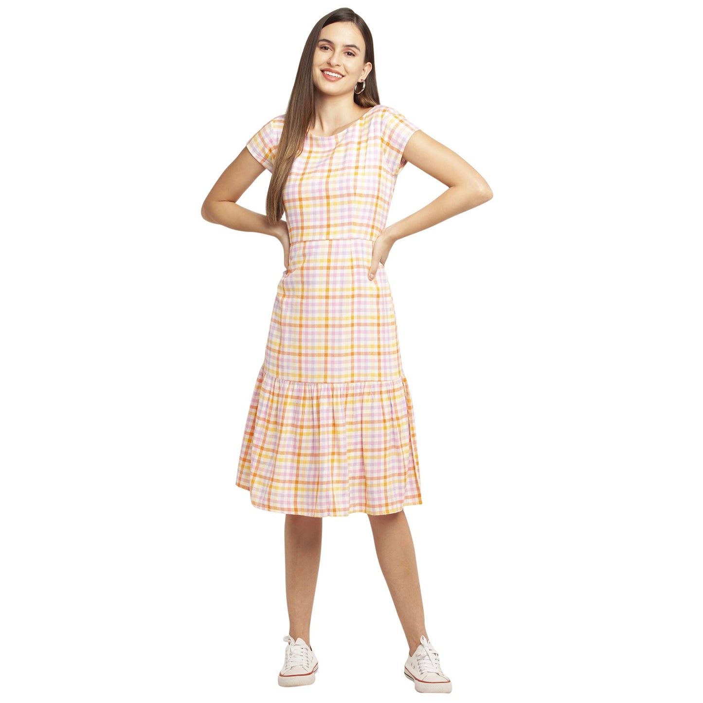 Zink London Multi-Colored Checks Women's Tiered Midi Dress Multicolour