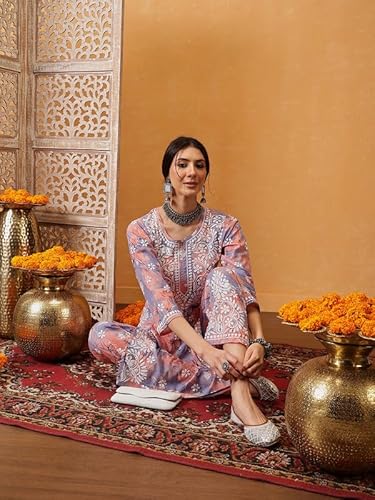 Ada Hand Embroidered Lucknowi Chikankari Printed Cotton Kurta with Pant Co-Ord Set for Women A811313 Light Purple & Peach (2XL)