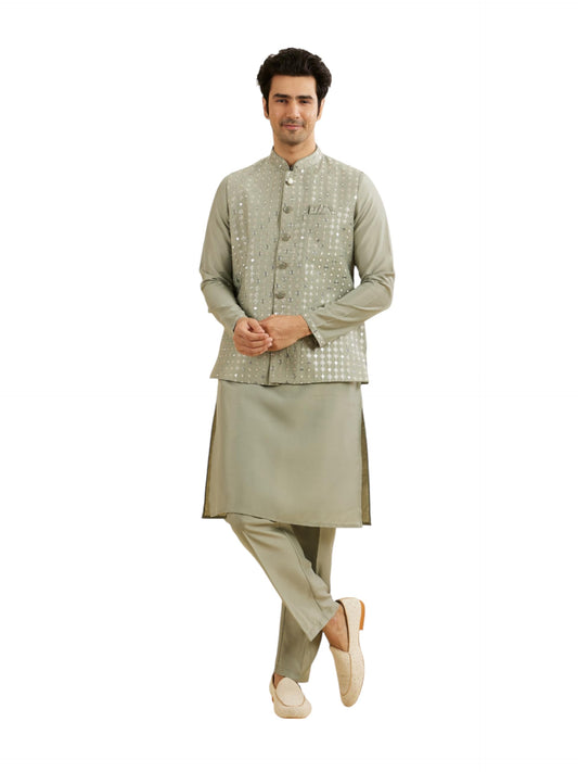 Manyavar Men's Art Silk Embroidery|Sequin Work Kurta Jacket Set (Light Mid Green,S)