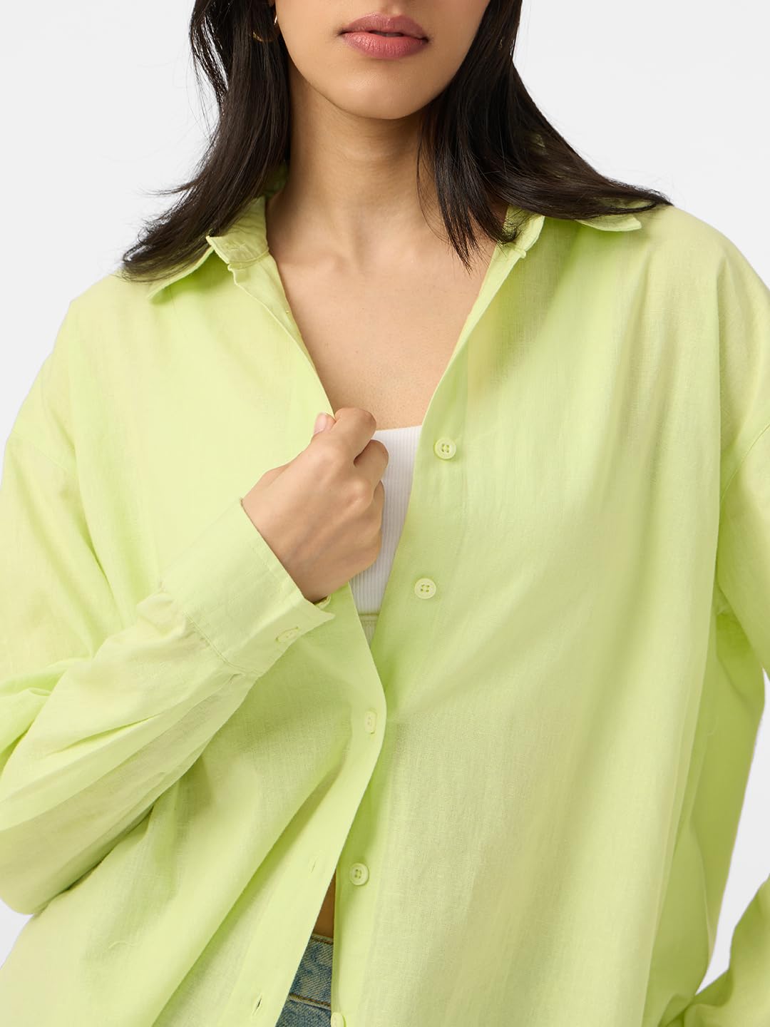 The Souled Store Solids: Lime Women and Girls Loose fit Full Sleeve Cotton and Linen Yellow Color Women Boyfriend Shirts